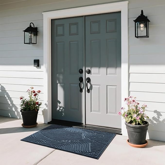 Yimobra Large Door Mat 47x32, All-Weather Waterproof Art Line Outdoor Mats for Front Door, Heavy Duty Non-Slip Welcome Matt for Garage Patio Proch Entryway Indoor, Blue