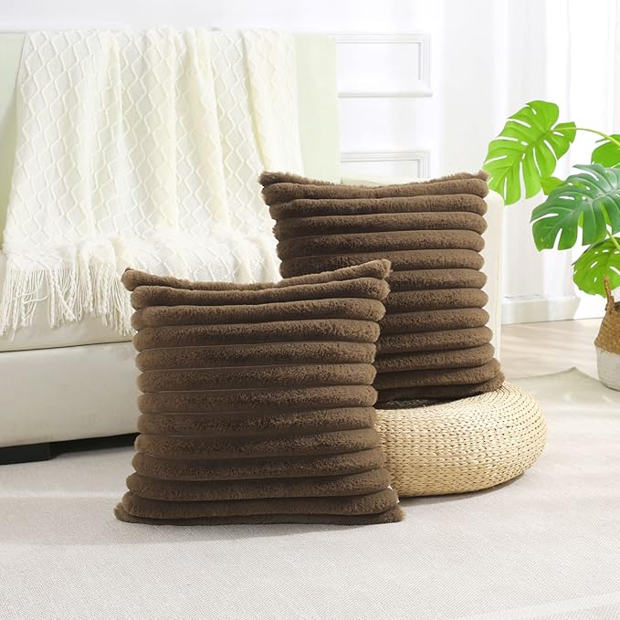 FUTEI Tan Striped Decorative Throw Pillow Covers 24x24 Inch Set of 2,Square Winter Decorations Couch Euro Pillow Case,Soft Cozy Faux Rabbit Fur & Velvet Back,Modern Home Decor for Bed