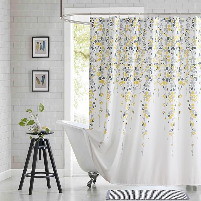 Extra Long Fabric Shower Curtain, Yellow and Gray Floral Flower Shower Curtains for Bathroom, Waterproof Bathroom Curtains, 72" W x 84" H
