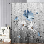 Rustic Farmhouse Blue Floral Shower Curtain, Farm Daisy Flowers and Butterfly Shower Curtain for Bathroom, Country Blue Gray Fabric Boho Shower Curtain Set with 12PCS Hooks, 36X70IN