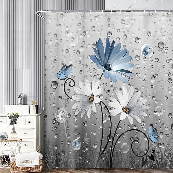 Rustic Farmhouse Blue Floral Shower Curtain, Farm Daisy Flowers and Butterfly Shower Curtain for Bathroom, Country Blue Gray Fabric Boho Shower Curtain Set with 12PCS Hooks, 70X70IN