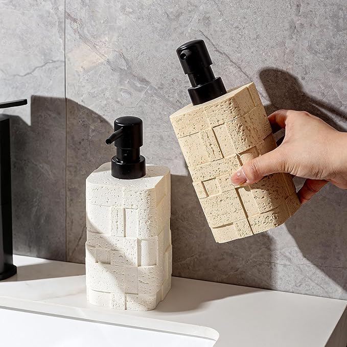 Soap Dispensers 400mL 13.5 OZ, 2 PCS Luxurious Hand Dish Lotion Shampoo Soap Dispenser Jar, Travertine Stone Look Soap Pump Bottles for Kitchen Bathroom Countertop (Yellow)