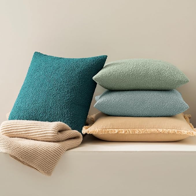 MIULEE 20x20 Inch Decorative Pillow Covers for Couch Bed Set of 2 Textured Boucle Neutral Winter Throw Pillows Teal Blue Accent Solid Cushion Pillowcases Sofa Livingroom Home Decor