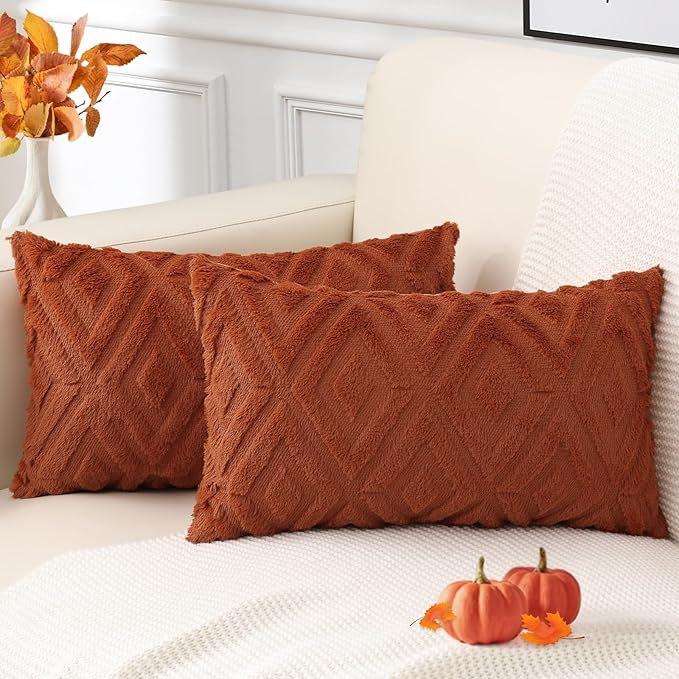 Pallene Rust Throw Pillow Covers 12x20 Set of 2, Soft Plush Faux Fur Decorative Lumbar Couch Pillow Covers for Sofa Bed Living Room Pillow Cases with 3D Diamond Pattern