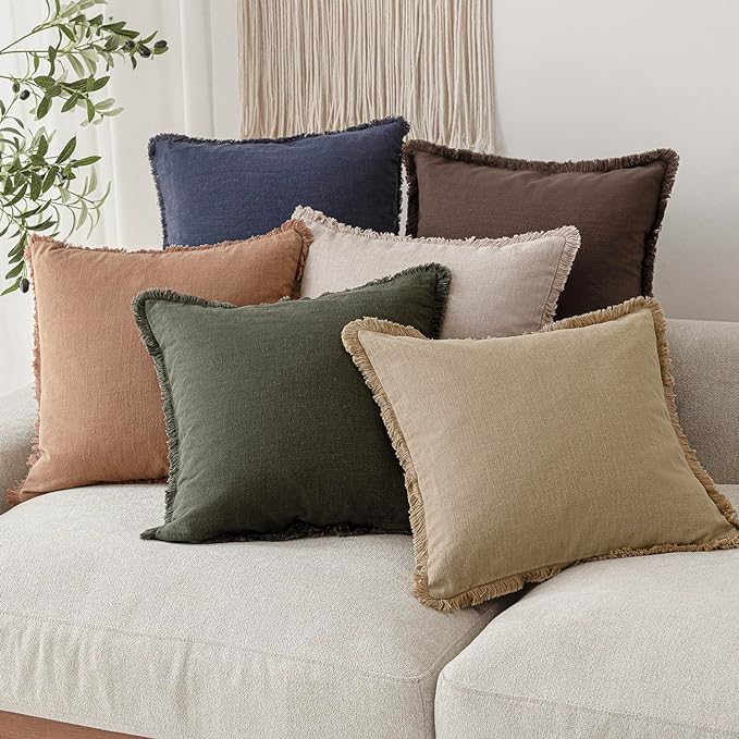 Foindtower Set of 2 Decorative Linen Fringe Throw Pillow Covers Boho Farmhouse Cushion Cover with Tassels Soft Accent Pillowcase for Couch Chair Sofa Bed Living Room Home Decor,24×24 Inch,Tan Beige