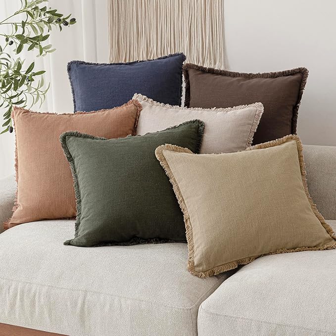 Foindtower Set of 2 Decorative Linen Fringe Throw Pillow Covers Boho Farmhouse Cushion Cover with Tassels Soft Accent Pillowcase for Couch Sofa Bed Living Room Home Decor,24×24 Inch,Reddish Brown