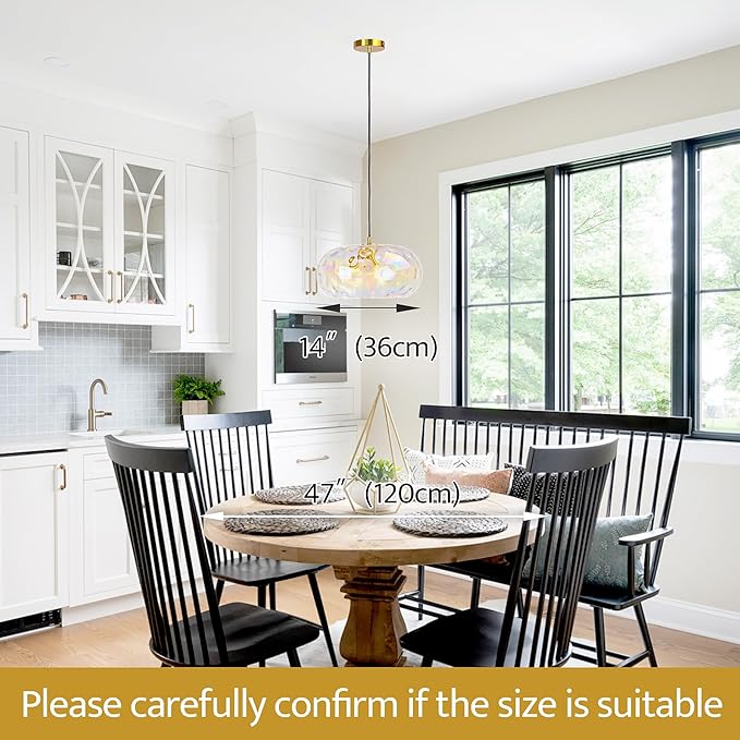 Large Glass Pendant Lighting, 14" Hammered Lampshade Hanging Lamp, 3-Light Brass Gold Chandelier for Dining Living Room Kitchen Island (Stained Glass Shade, 14 Inches)