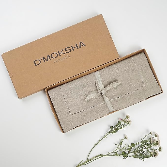 D'Moksha Homes Linen Natural Table Runner 36 Inches - 100% Pure Linen Small Table Runner 14 x 36 Inch Ideal for Dresser, Coffee Tables, Fall and Halloween - Classic Hemstitch - Classic Hemstitch