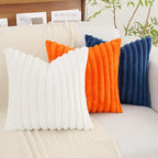 decorUhome Faux Fur Christmas Throw Pillow Covers 26x26 Set of 2, Decorative Soft Plush Striped Neutral Couch Euro Pillow Covers with Velvet Back for Sofa, Bed, Living Room Home Decor, White