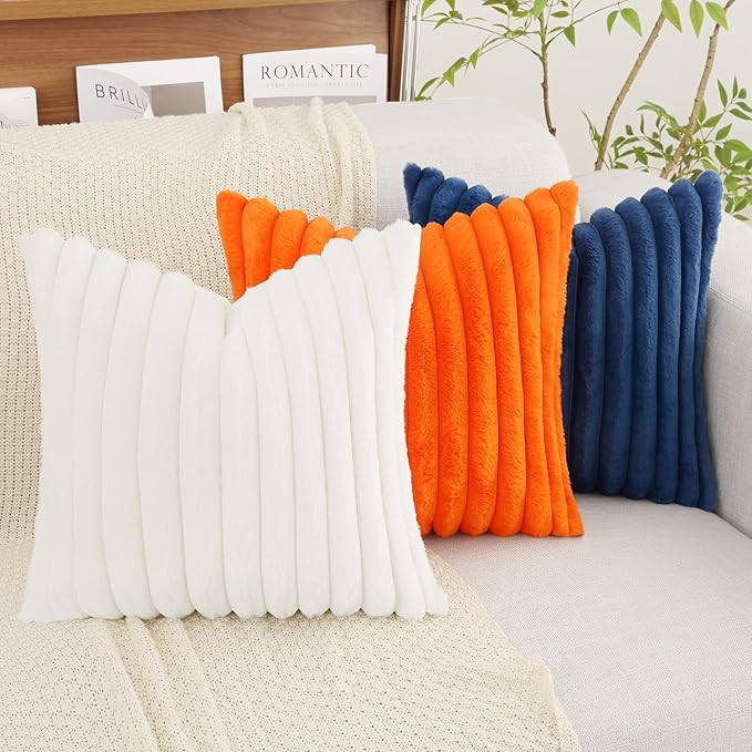 decorUhome Faux Fur Christmas Throw Pillow Covers 24x24 Set of 2, Decorative Soft Plush Striped Neutral Couch Euro Pillow Covers with Velvet Back for Sofa, Bed, Living Room Home Decor, White