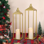 22'' 19'' Large Lanterns Decorative Outdoor Indoor, Set of 2 Gold Metal Candle Lantern Modern Farmhouse Floor Lanterns Decorative for Mantle, Patio, Porch, Garden, Home Decor
