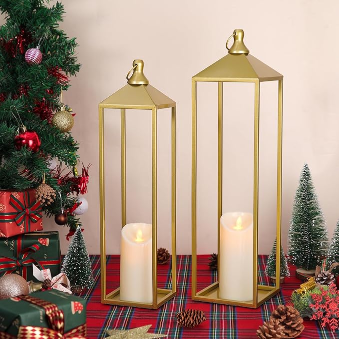 22'' 19'' Large Lanterns Decorative Outdoor Indoor, Set of 2 Gold Metal Candle Lantern Modern Farmhouse Floor Lanterns Decorative for Mantle, Patio, Porch, Garden, Home Decor