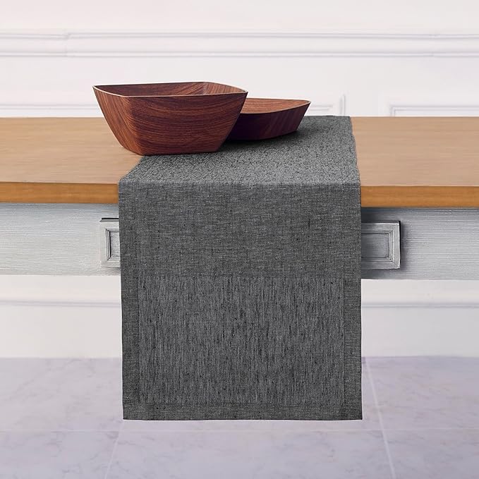Solino Home Linen Table Runner 144 Inches Long - Athena, 100% Pure Linen Charcoal Grey Dining Table Runner 14 x 144 Inch for Halloween, Thanksgiving - Handcrafted and Machine Washable