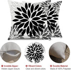 DFXSZ Black Grey Flower Pillow Covers 18x18 Inch Set of 2 White Gray Colored Throw Pillows Outdoor Waterproof Decor for Living Room Sofa Patio Funiture Garden Floral Polyester Pillow Covers 002I18