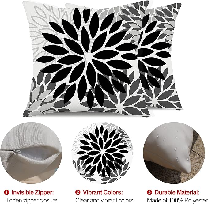 DFXSZ Black Grey Flower Pillow Covers 18x18 Inch Set of 2 White Gray Colored Throw Pillows Outdoor Waterproof Decor for Living Room Sofa Patio Funiture Garden Floral Polyester Pillow Covers 002I18