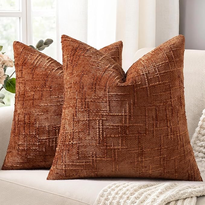 decorUhome Fall Rust Chenille Throw Pillow Covers 26x26 Set of 2 Thick Textured Slubby Couch Pillow Covers Farmhouse Accent Modern Neutral Decorative Pillow Cases for Bed Sofa Living Room