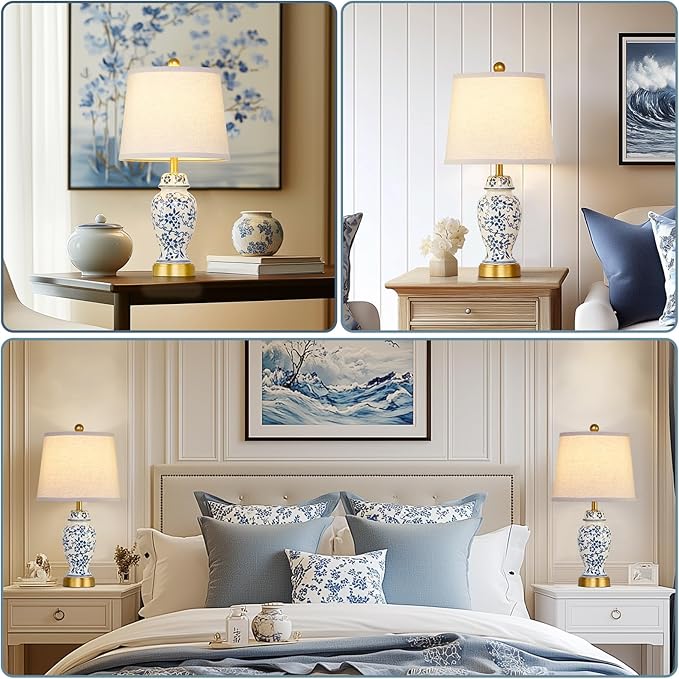 RORIANO Chinoiserie Ceramic Table Lamps Set of 2 for Living Room Bedroom Bedside, Traditional Blue Porcelain Classic Table Lamp for Nightstand Entryway, 2 LED Bulbs Included (Gold)
