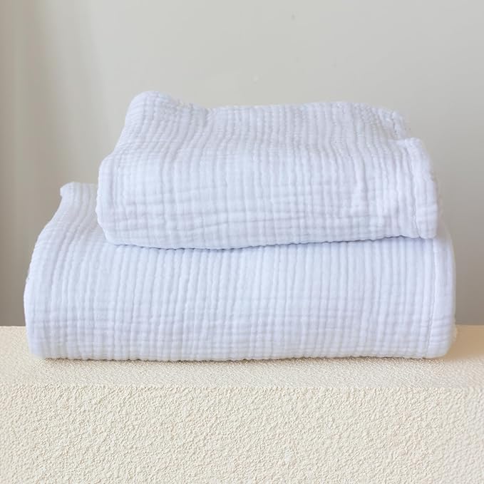 Ultra Soft Muslin Towel Adult Set, 100% Turkish Cotton 4-Layer 2 Pieces Luxury Muslin Hand & Bath Towels Sets for Bathroom (White, 1 Bath & 1 Hand Towel Set)