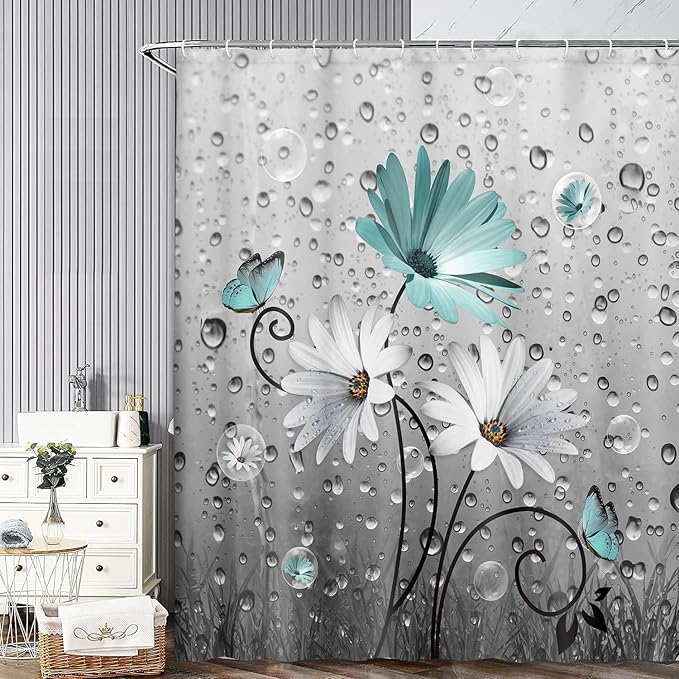 Rustic Farmhouse Teal Floral Shower Curtain, Farm Teal Daisy Flowers and Butterfly Shower Curtain for Bathroom, Country Turquoise Gray Fabric Boho Shower Curtain Set with 12PCS Hooks, 70X85IN