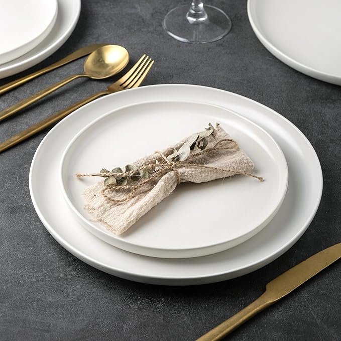 AmorArc Ceramic Dinner Plates Set of 6, Wavy Rim 10.5 Inch Stoneware Dish Set, Large Dinnerware Plates for Kitchen-Microwave&Dishwasher Safe, Scratch Resistant-Reactive Glaze Matte White