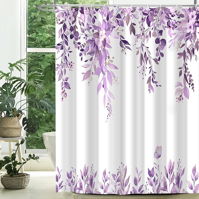 Eucalyptus Shower Curtain, Purple Watercolor Leaves with Floral Botanical Bathroom Decor, Waterproof Fabric Bath Curtain Set with Hooks, 72x72 Inches