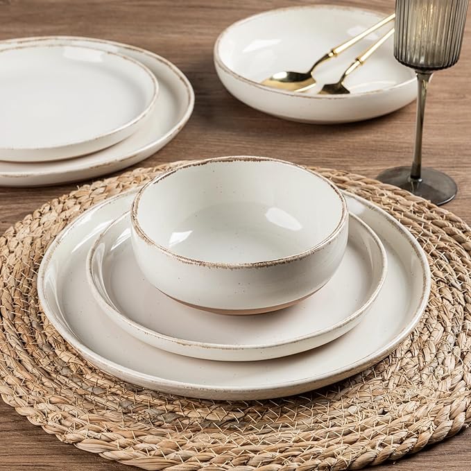 AmorArc Ceramic Dinnerware Sets with Pasta Bowls for 8, Handpainted Plates and Bowls Set with Rustic Terracotta Underside, Scratch Resistant Dishes Set, Dishwasher & Microwave Safe, 32 Pcs