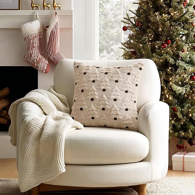 MIULEE Christmas Tree Decorative Pillow Covers Faux Fur Wool Throw Pillows Soft Plush Cushion Covers Set of 2 Xmas Home Decor Winter Holiday for Sofa Couch Livingroom Bed 18x18 Inch Beige