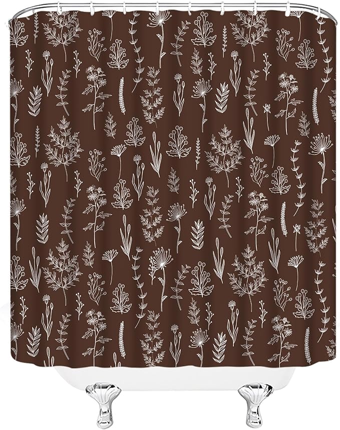 Brown Herbs Shower Curtain Boho Floral Retro Botanical Vintage Farmhouse Cute Leaves Plant Flowers Bathroom Curtain Set with Hooks(108" Wx70 H)