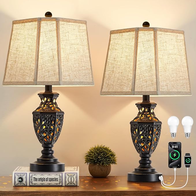 Lamps for Night Stands Set of 2-23.5" Vintage Bedside Lamp with USB A+C and Nightlight - Black Retro Carved Resin Farmhouse Table Lamp for Bedrooms, End Tables, Living Room, Bulbs Included
