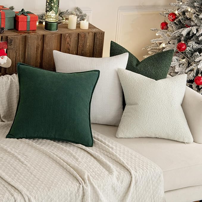 MIULEE 24x24 Christmas Decorative Euro Sham Throw Pillows for Bed Set of 2 Textured Boucle Neutral Winter Throw Pillow Covers Dark Green Accent Solid Couch Pillowcase Sofa Livingroom Home Decor