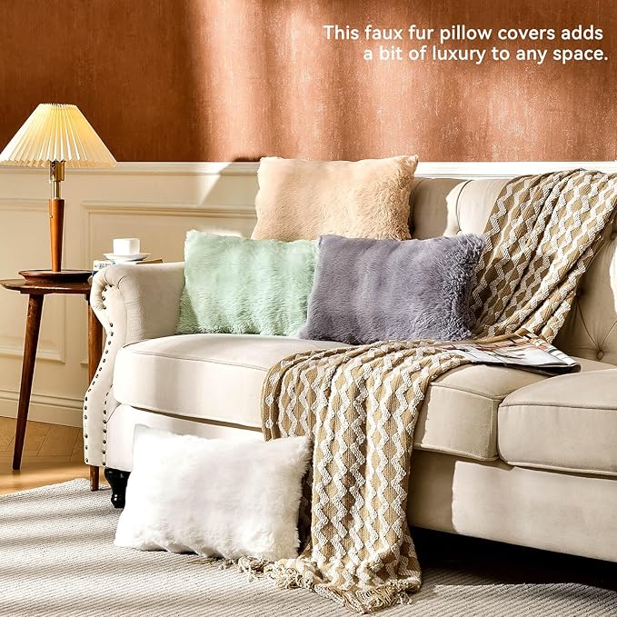 AmHoo Pack of 2 Throw Pillow Covers 3D Dense Faux Rabbit Fur Cozy Super Soft Fuzzy Set Case Cushion for Couch Sofa Bedroom 12 x 20-Inch Cream White