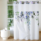 QiyI No Hook Shower Curtain with Snap in Fabric Liner, Green Eucalyptus Shower Curtain with See Through Top Window, Waterproof Washable Cloth Ringless Shower Curtain Set for Bathroom, 72 x 75