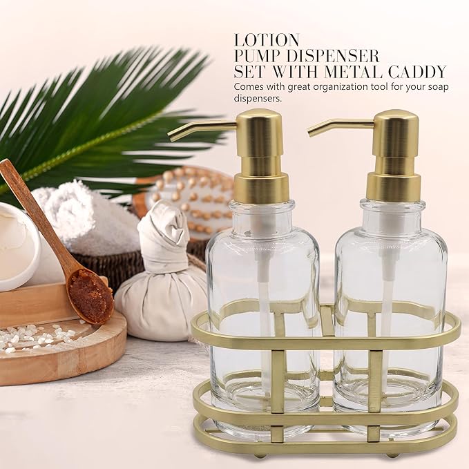 3 Piece Round Heavy Weight Glass Soap Lotion Pump Dispenser Set with Metal Caddy for Home Bath Kitchen Travel Office Hand Crafted Metal Tray Brushed Gold