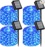 QITONG Blue Solar Fairy Lights, 4 Pack Each 33ft 100 LED String Lights Outdoor Waterproof, 8 Modes Silver Wire Twinkle Mini Lights