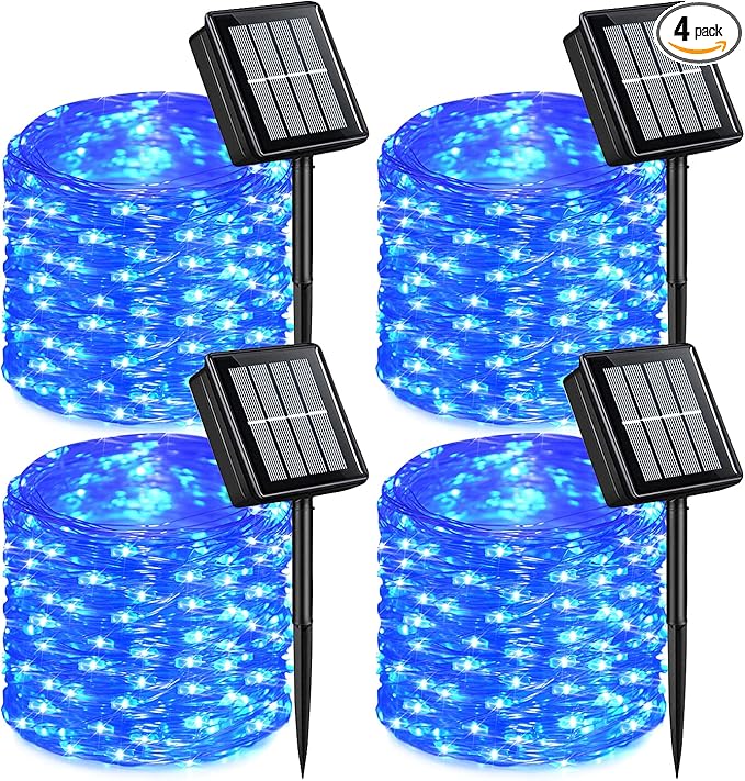 QITONG Blue Solar Fairy Lights, 4 Pack Each 33ft 100 LED String Lights Outdoor Waterproof, 8 Modes Silver Wire Twinkle Mini Lights