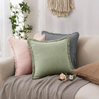 Woaboy Decorative Linen Fringe Throw Pillow Covers Boho Farmhouse Soft Cushion Covers Accent Pillowcases with Tassels for Living Room Couch Sofa Bed Chair,20x20 Inch Set of 2,Sage Green