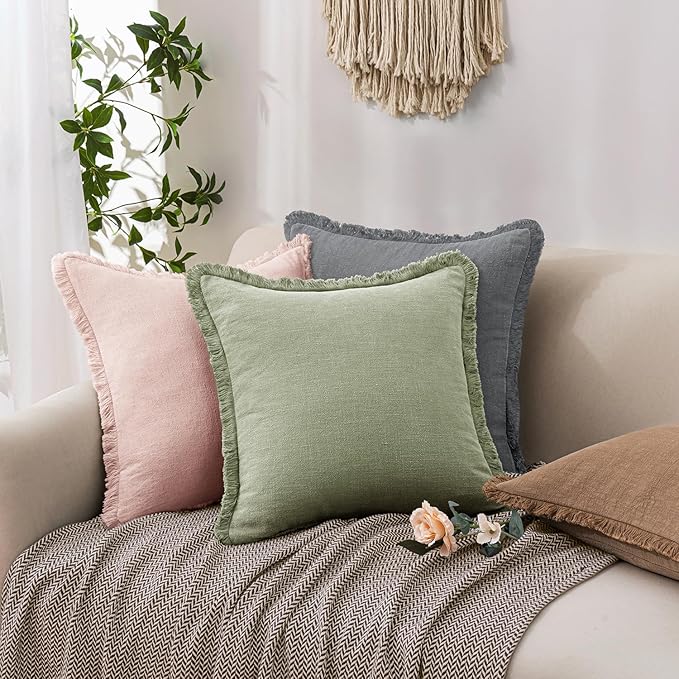 Woaboy Decorative Linen Fringe Throw Pillow Covers Boho Farmhouse Soft Cushion Covers Accent Pillowcases with Tassels for Living Room Couch Sofa Bed Chair,18x18 Inch Set of 2,Sage Green