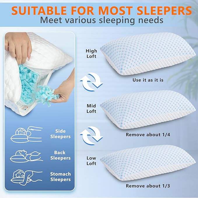 Cooling Memory Foam Pillows for Sleeping Firm and Soft, Queen Size Set of 2, Original Adjustable Pillows for Side, Back or Stomach Sleepers (2, Blue, Queen)