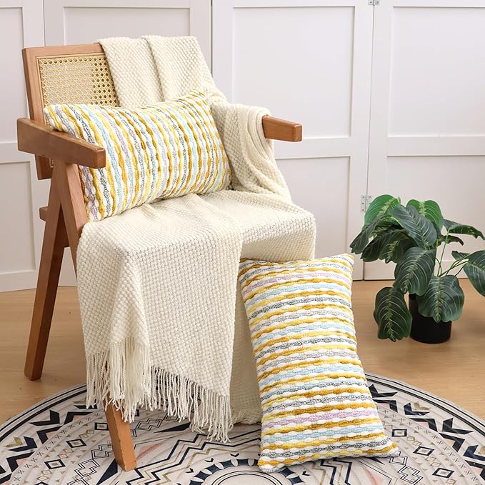Boho Decorative Throw Pillow Covers 12x20 Inch, Chenille Tufted Pillow Cover Striped Textured Lumbar Farmhouse Accent Pillowcase for Couch Sofa Bedroom Living Room, Yellow White Stripe 2 Pack