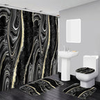 Black Marble Shower Curtain Set with Bath Mat, Toilet Lid Cover, U Shaped Rugs, Modern Abstract Gold Bathroom Decor Accessories, 70.8 x 70.8 inches Fabric, Waterproof, 12 Hooks.