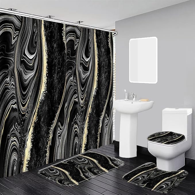 Black Marble Shower Curtain Set with Bath Mat, Toilet Lid Cover, U Shaped Rugs, Modern Abstract Gold Bathroom Decor Accessories, 70.8 x 70.8 inches Fabric, Waterproof, 12 Hooks.