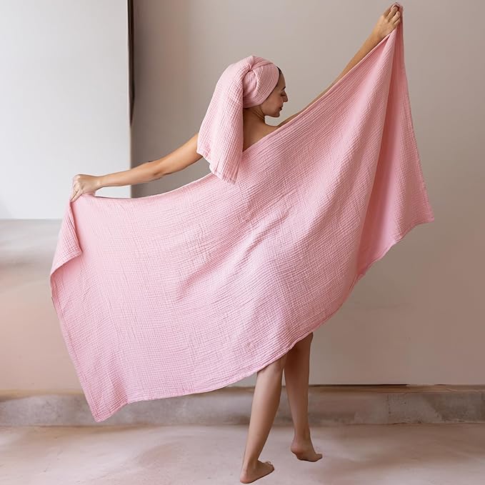 Ultra Soft Muslin Towel Adult Set, 100% Turkish Cotton 4-Layer 2 Pieces Luxury Muslin Hand & Bath Towels Sets for Bathroom (Light Pink, 1 Bath & 1 Hand Towel Set)