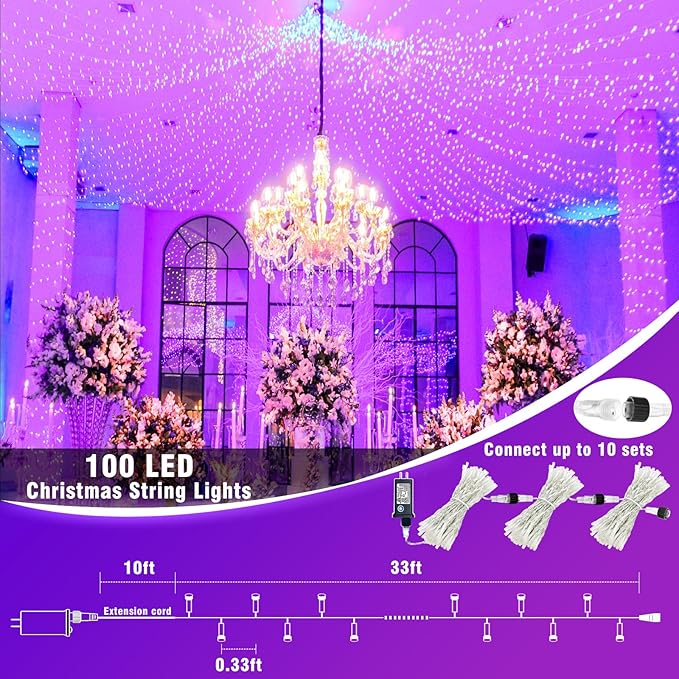 Vivideal 100 LED Halloween Lights Outdoor Waterproof 33ft Purple String Lights Clear Wire with 8 Modes Plug in Purple Christmas Light for Tree Party Halloween Decorations