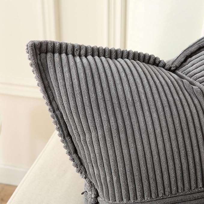 HAUSSY Dark Grey Throw Pillow Covers 22x22 Inch Set of 2, Soft Corduroy Solid Striped,Square Decorative Cushion Case,Winter Home Decorations for Couch,Bed
