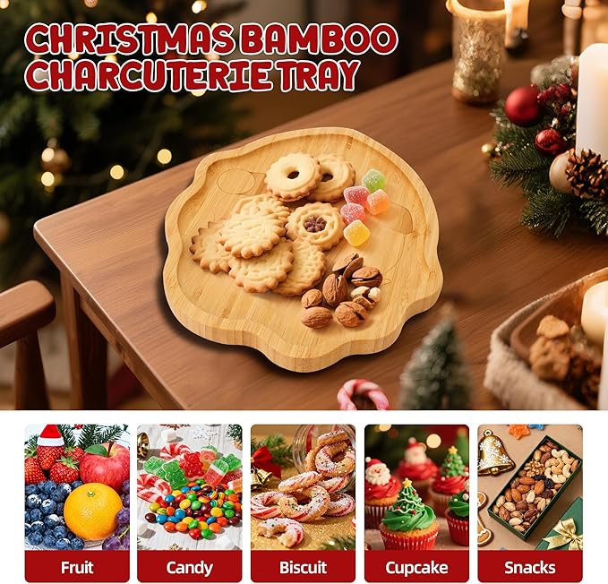 TJ POP Christmas Bamboo Serving Platter - Santa Face Decorative Tray Candy Snack Board, Natural Wooden Serving Tray Cute Charcuterie Board for Cheese, Cookies, Fruits & Holiday Party (10” x 9”)