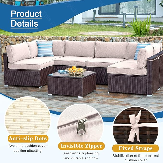 14 PCs Patio Cushion Covers for 7 PCs Outdoor Furniture Sectional Seating Sets Water Resistant Plus 2 Throw Pillows (Khaki, 24.8(L)*24.8(W)*3.14(T) inches)