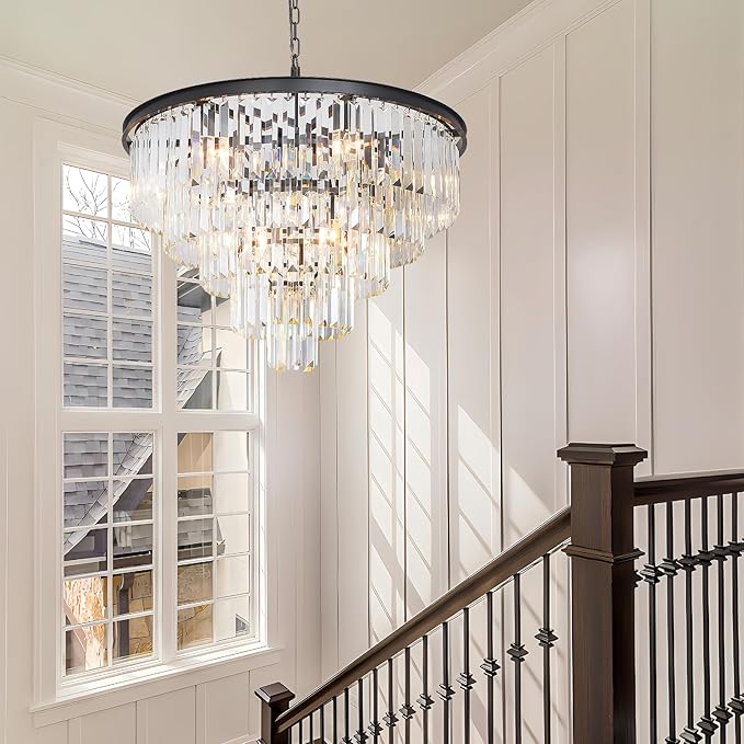 Black Crystal Chandeliers for Dining Room, 27.6" Modern Luxury Chandelier 5-Tier 10 Lights Contemporary Top K9 High Ceiling Pendant Light Fixture for Staircase Dining Living Room Foyer