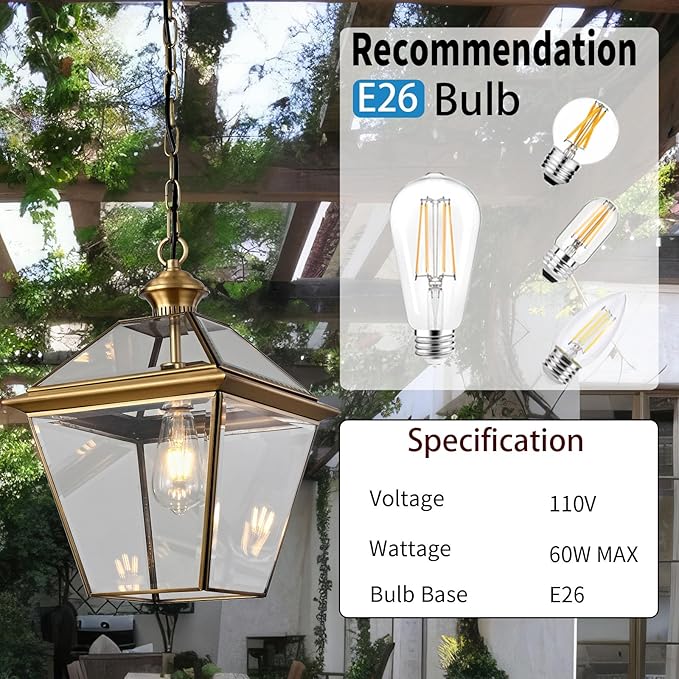 Milaii Copper Brass Outdoor Pendant Light, 16.5" H Large Lantern Hanging Light Fixtures Waterproof Porch Light Outdoor Chandelier for Patio Entryway