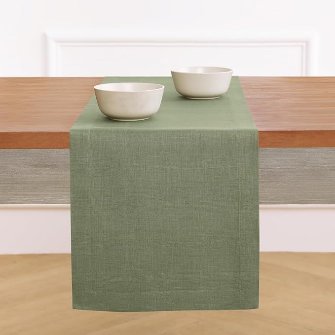 Solino Home Linen Oil Green Table Runner 120 Inches Long - 100% Pure Linen 14 x 120 Inch Table Runner for Fall, Autumn, Thanksgiving - Fete