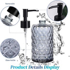 Clear Charcoal Blue Glass Soap Dispenser with Pump, 16oz Honeycombed Design Hand Soap Dispenser, Refillable Lotion & Dish for Dishwashing Liquid, Lotion
